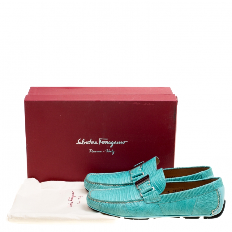Pre Owned Salvatore Ferragamo Aqua Green Lizard Sardegna Loafers Size 42.5