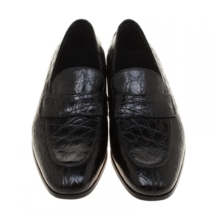 Pre Owned Salvatore Ferragamo Black Crocodile Leather Pablo Penny Loafers Size 43