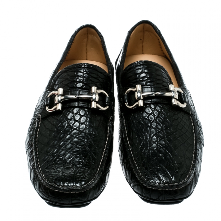 مملوكة مسبقًا Salvatore Ferragamo Black Crocodile Leather Parigi Bit Loafers Size 44