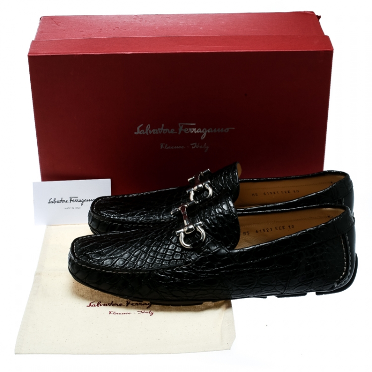 مملوكة مسبقًا Salvatore Ferragamo Black Crocodile Leather Parigi Bit Loafers Size 44
