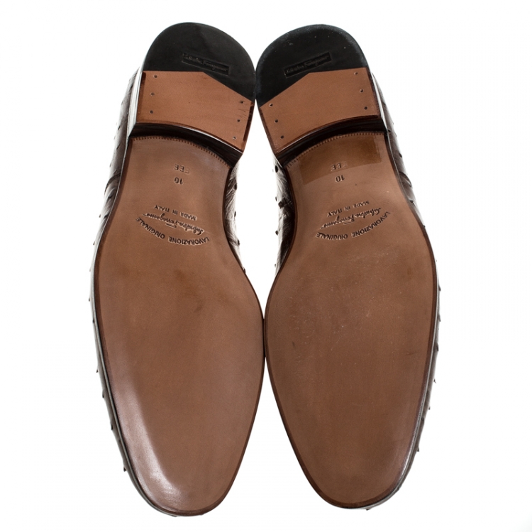 Pre Owned Salvatore Ferragamo Brown Ostrich Leather Gris Lace Up Oxfords Size 44