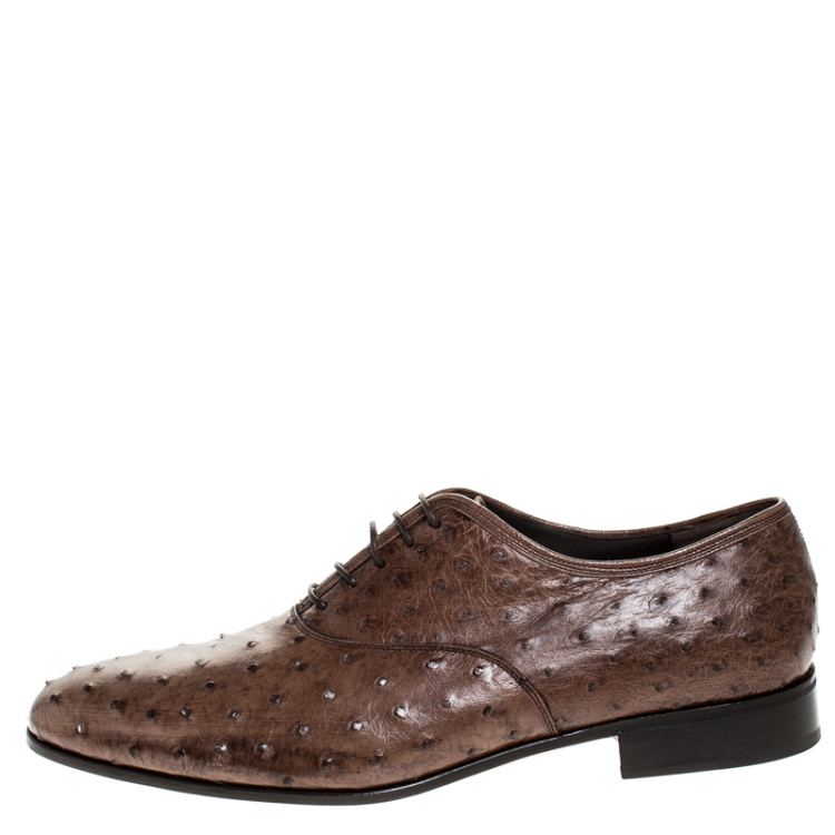 Pre Owned Salvatore Ferragamo Brown Ostrich Leather Gris Lace Up Oxfords Size 44