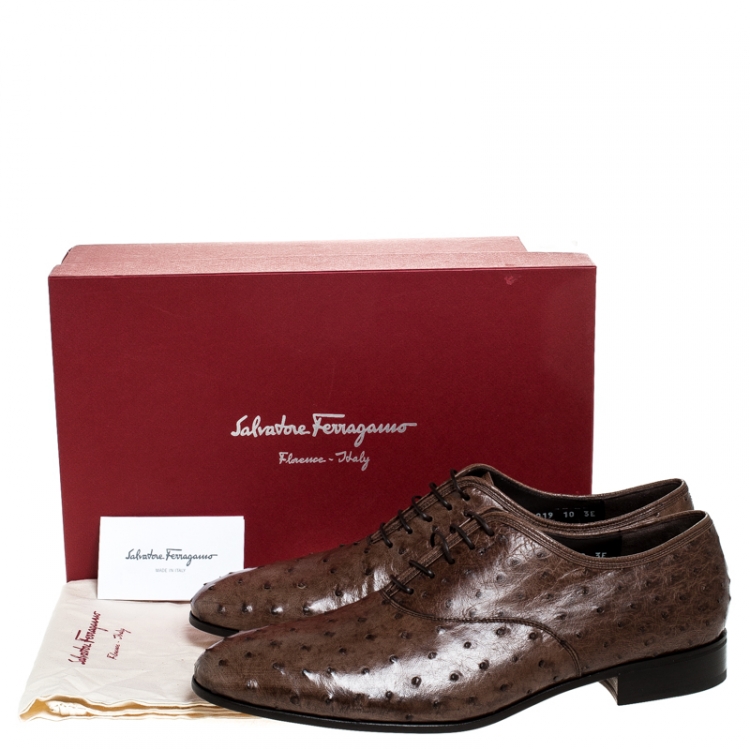 Pre Owned Salvatore Ferragamo Brown Ostrich Leather Gris Lace Up Oxfords Size 44