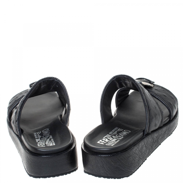Pre Owned Salvatore Ferragamo Black Ostrich Leather Lutfi Platform Slides Size 40