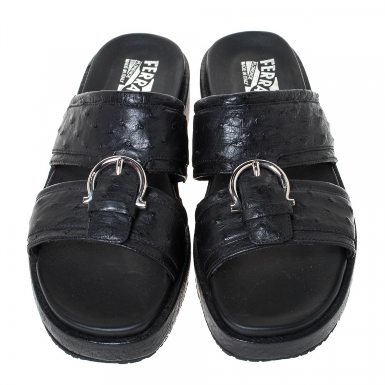Pre Owned Salvatore Ferragamo Black Ostrich Leather Lutfi Platform Slides Size 40