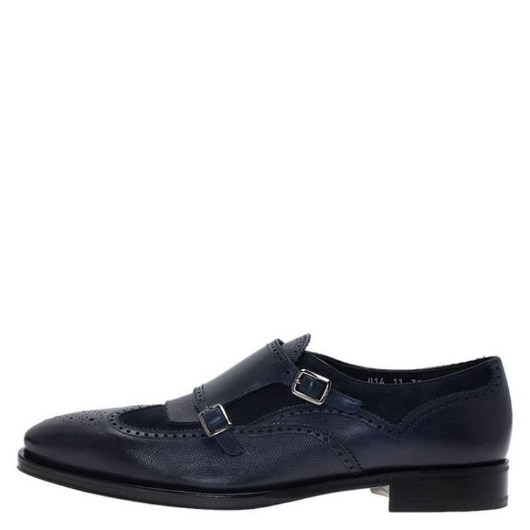 Pre Owned Salvatore Ferragamo Navy Blue Leather Marlin Brogue Fringe Monk Strap Derby Size 44