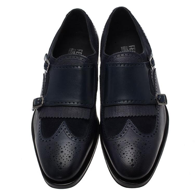 Pre Owned Salvatore Ferragamo Navy Blue Leather Marlin Brogue Fringe Monk Strap Derby Size 44