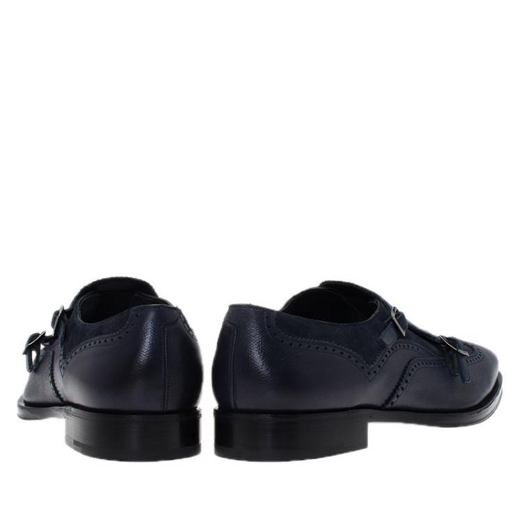 Pre Owned Salvatore Ferragamo Navy Blue Leather Marlin Brogue Fringe Monk Strap Derby Size 44