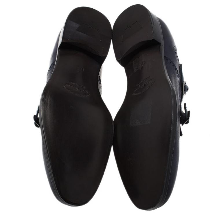 Pre Owned Salvatore Ferragamo Navy Blue Leather Marlin Brogue Fringe Monk Strap Derby Size 44