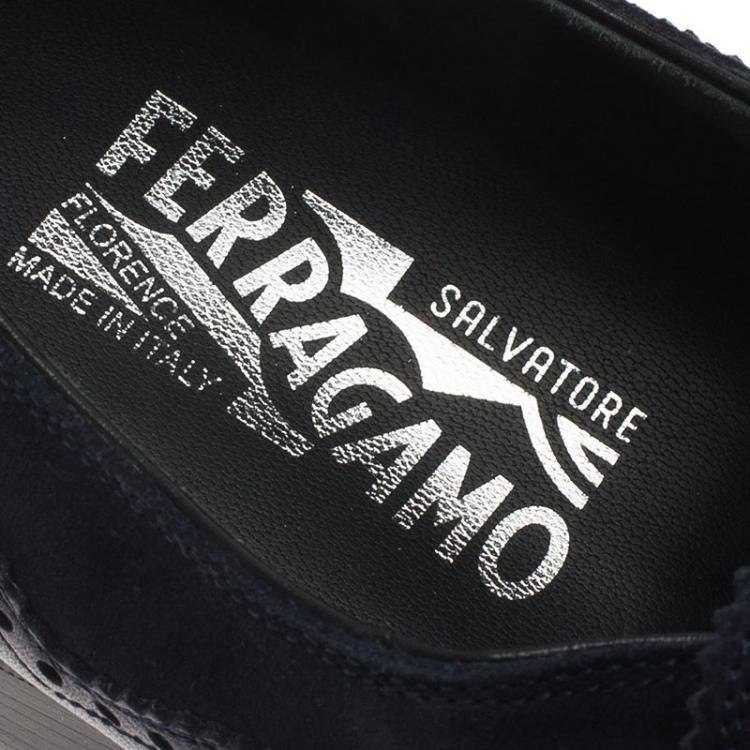 Pre Owned Salvatore Ferragamo Navy Blue Leather Marlin Brogue Fringe Monk Strap Derby Size 44