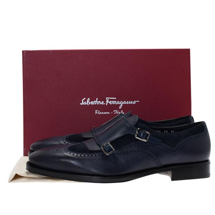 Pre Owned Salvatore Ferragamo Navy Blue Leather Marlin Brogue Fringe Monk Strap Derby Size 44