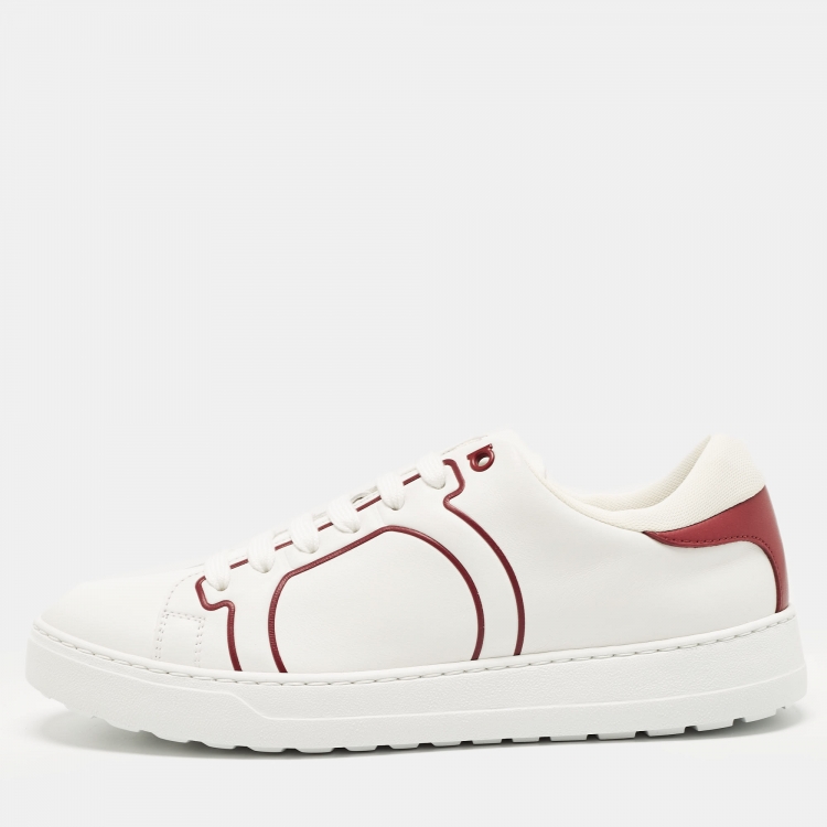 Pre Owned Salvatore Ferragamo White/Red Leather Liberty Low Top Sneakers Size 41.5