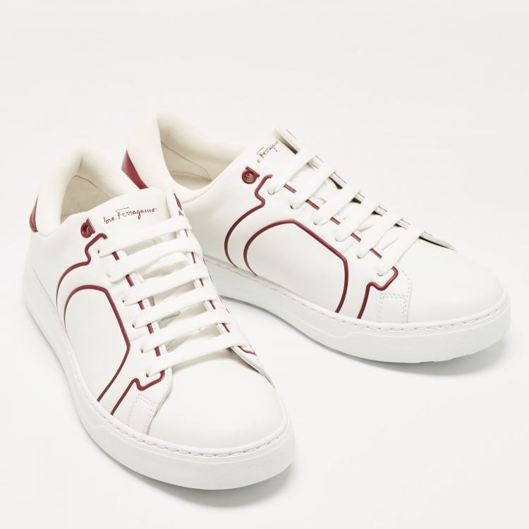 Pre Owned Salvatore Ferragamo White/Red Leather Liberty Low Top Sneakers Size 41.5