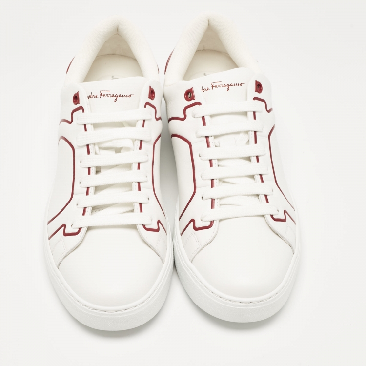 Pre Owned Salvatore Ferragamo White/Red Leather Liberty Low Top Sneakers Size 41.5