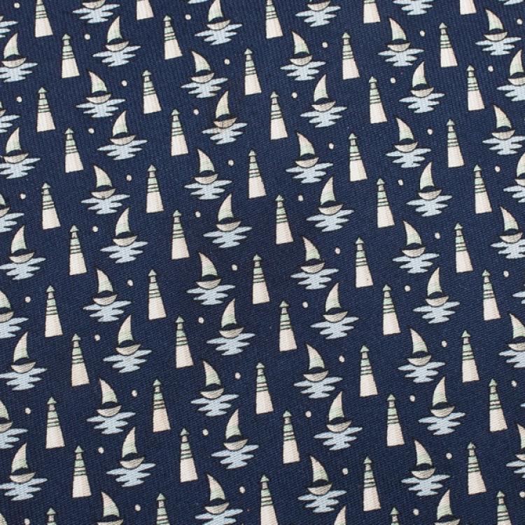 Pre Owned Salvatore Ferragamo Blue Sail Boat and Lighthouse Print Tie