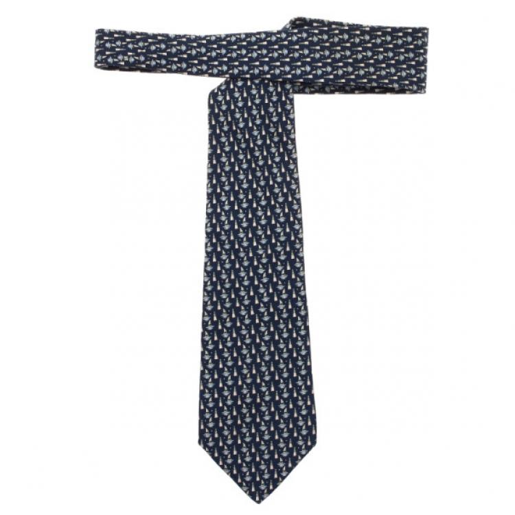 Pre Owned Salvatore Ferragamo Blue Sail Boat and Lighthouse Print Tie