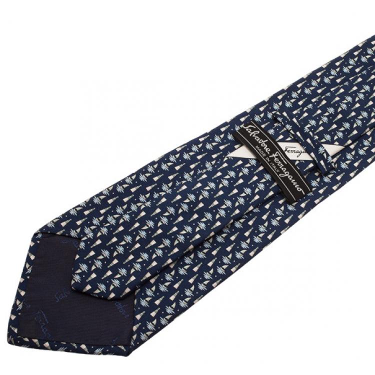 Pre Owned Salvatore Ferragamo Blue Sail Boat and Lighthouse Print Tie