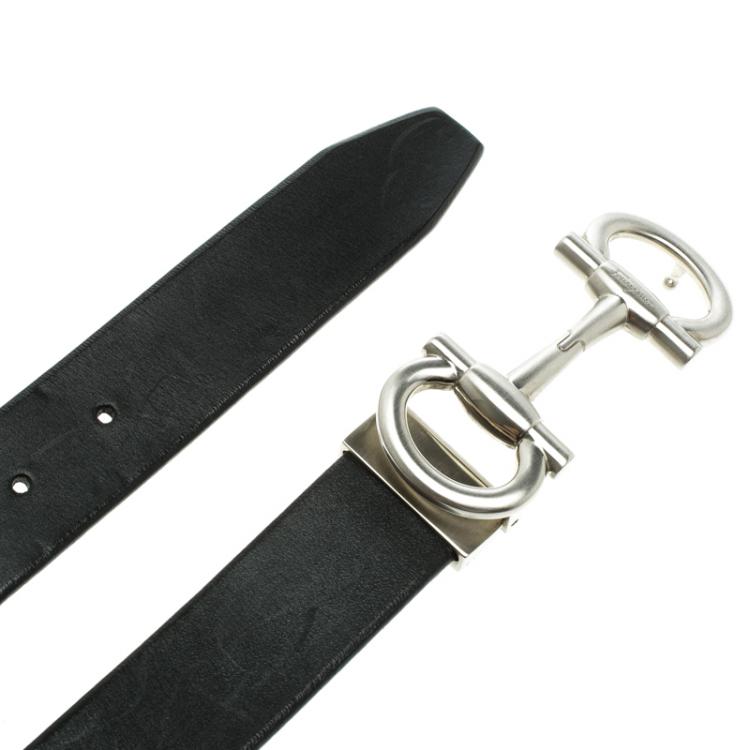 Pre Owned Salvatore Ferragamo Black Leather Double Gancini Parigi Buckle Belt 90cm