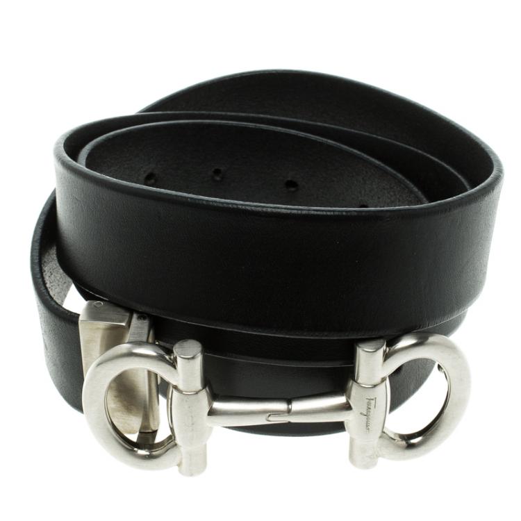 Pre Owned Salvatore Ferragamo Black Leather Double Gancini Parigi Buckle Belt 90cm