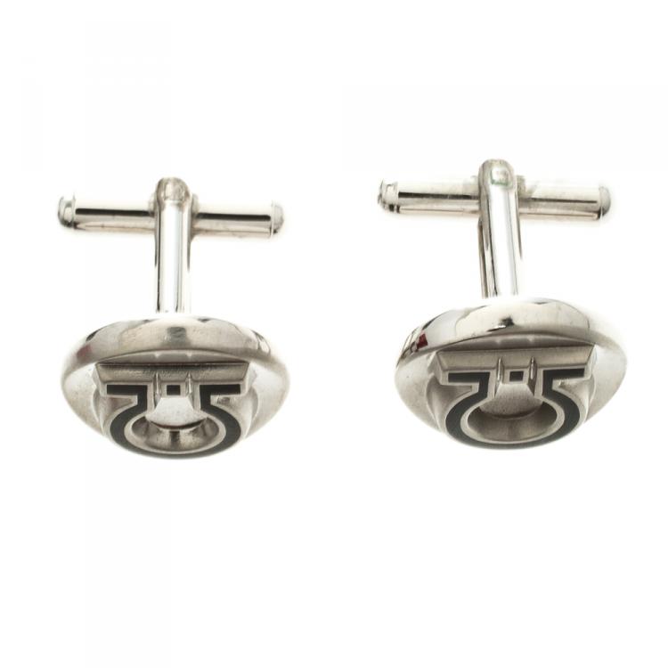 Pre Owned Salvatore Ferragamo Gancino Silver Tone Circular Cufflinks