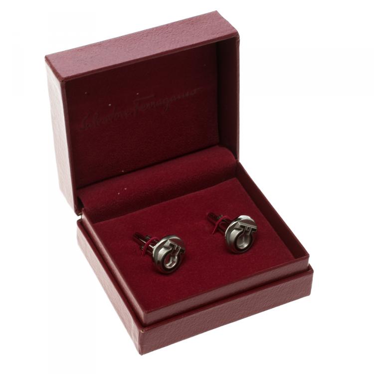 Pre Owned Salvatore Ferragamo Gancino Silver Tone Circular Cufflinks