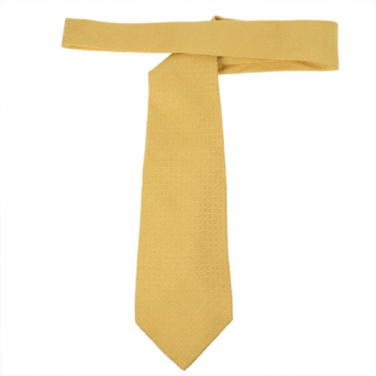 Pre Owned Salvatore Ferragamo Yellow Gancini Print Silk Tie
