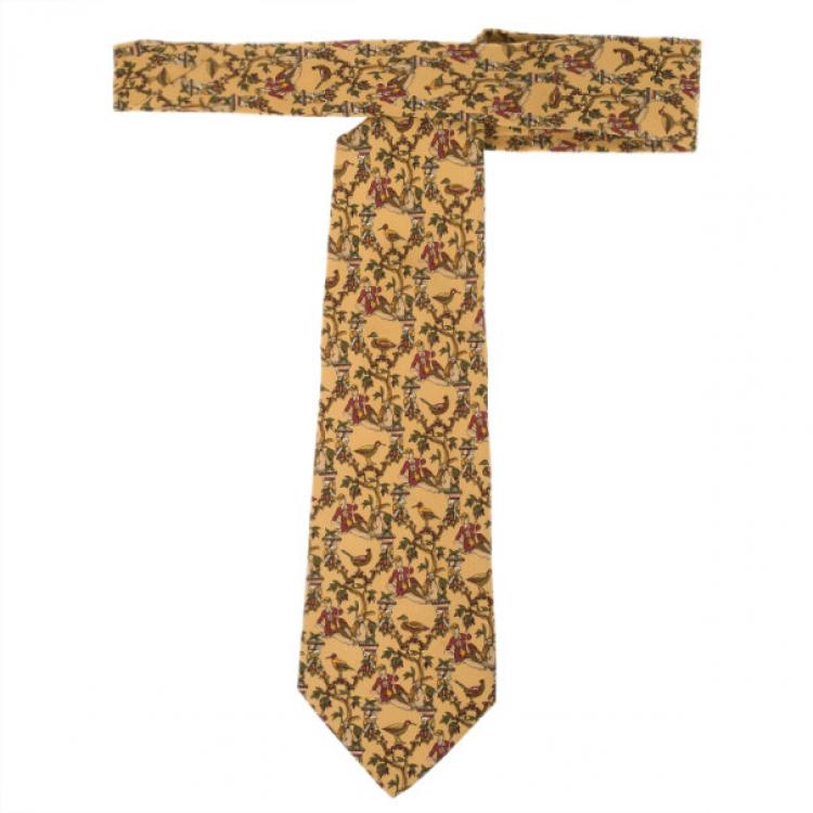 Pre Owned Salvatore Ferragamo Yellow Duck Print Silk Tie