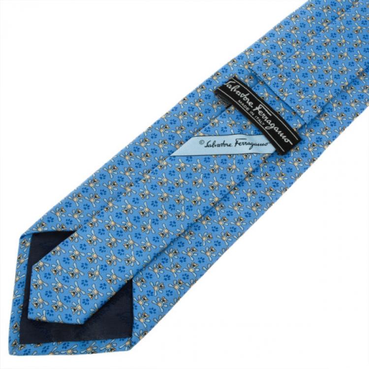 Pre Owned Salvatore Ferragamo Blue Bear and Paw Print Tie