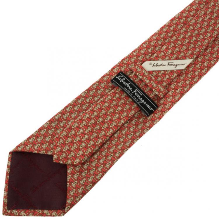 Pre Owned Salvatore Ferragamo Red Dog and Bone Silk Print Tie