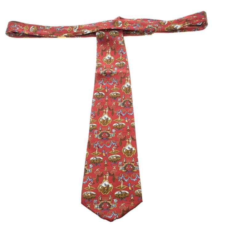 Pre Owned Salvatore Ferragamo Red Sports Theme Print Traditional Silk Tie