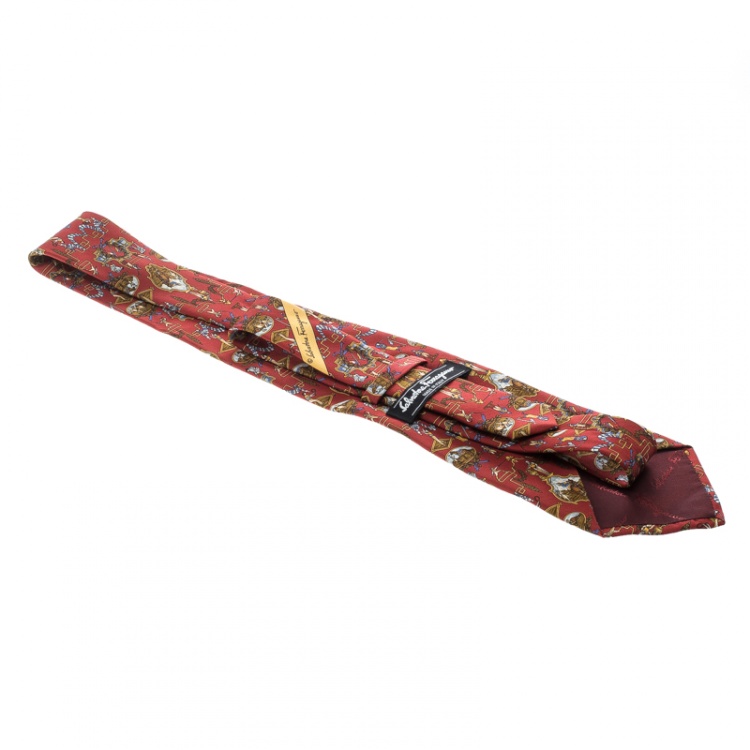 Pre Owned Salvatore Ferragamo Red Sports Theme Print Traditional Silk Tie