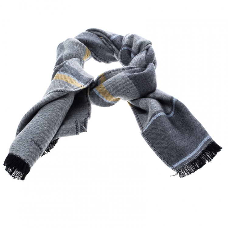 Pre Owned Salvatore Ferragamo Grey Striped Wool and Silk Fringed Edge Muffler