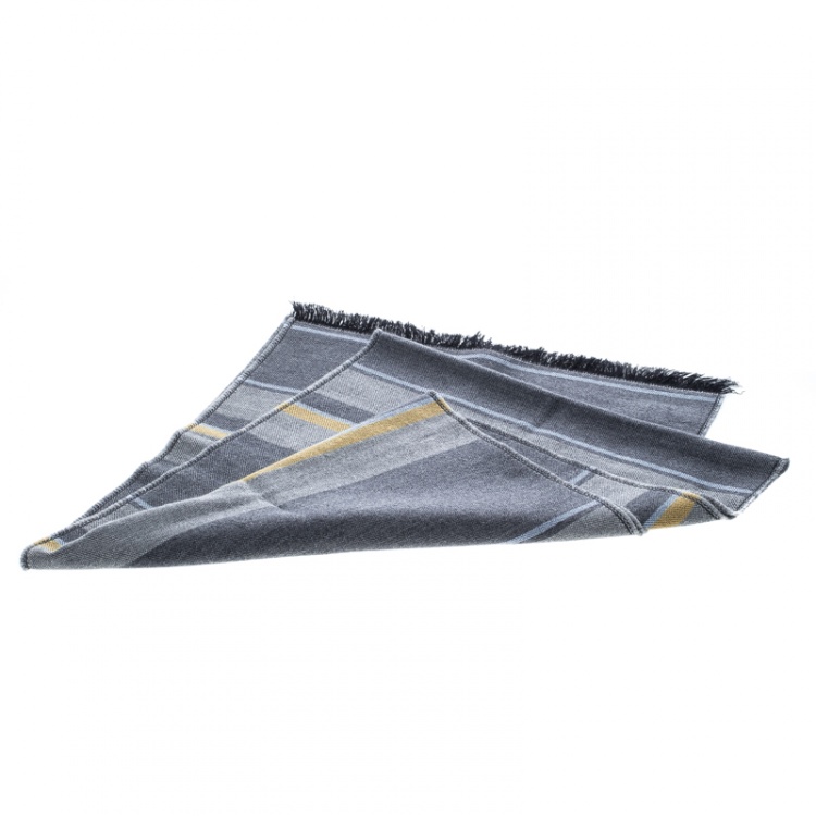 Pre Owned Salvatore Ferragamo Grey Striped Wool and Silk Fringed Edge Muffler