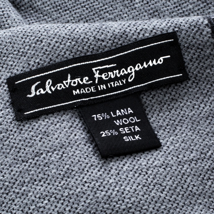 Pre Owned Salvatore Ferragamo Grey Striped Wool and Silk Fringed Edge Muffler
