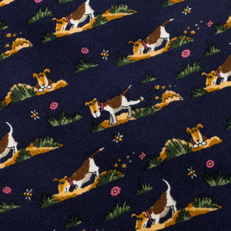 Pre Owned Salvatore Ferragamo Navy Blue Dog Printed Silk Tie