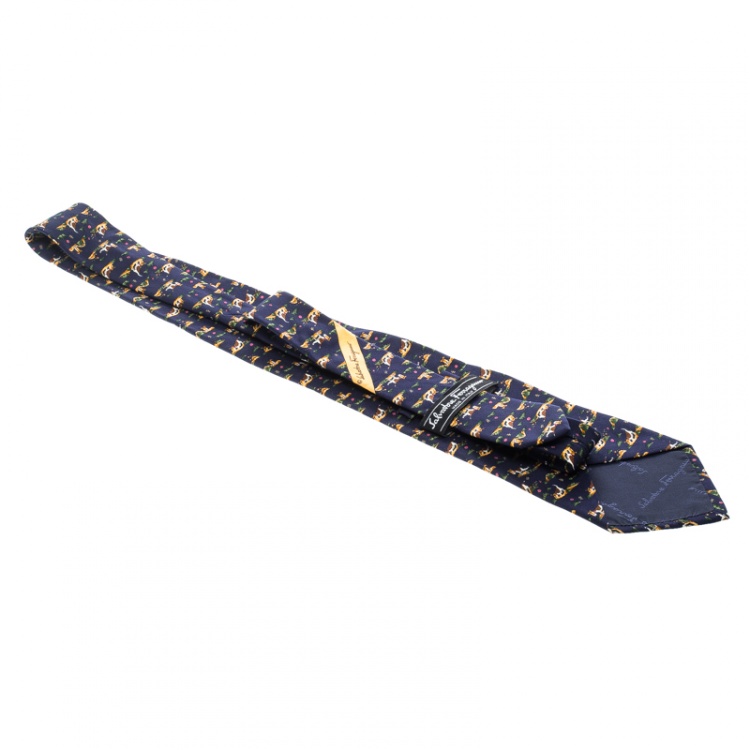 Pre Owned Salvatore Ferragamo Navy Blue Dog Printed Silk Tie