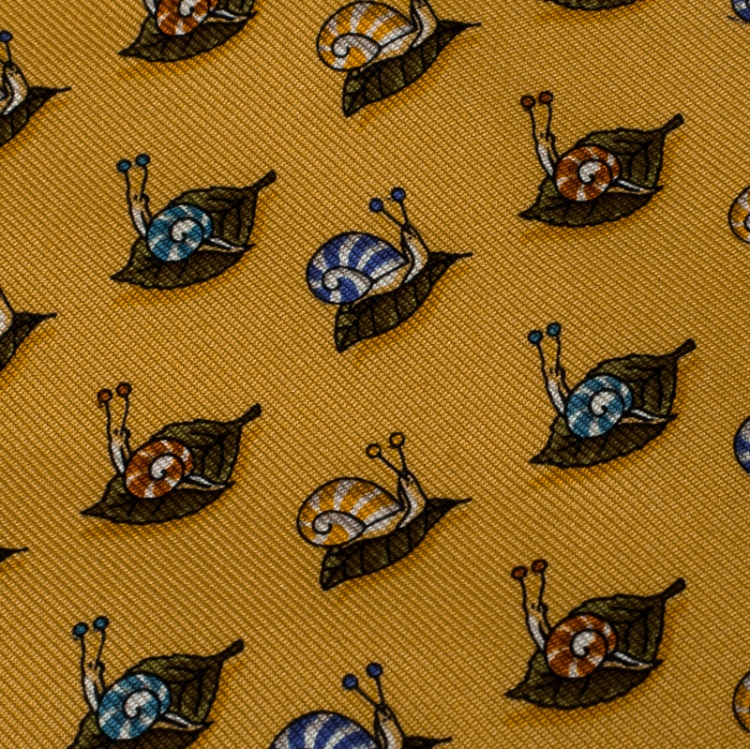 Pre Owned Salvatore Ferragamo Yellow Snail Printed Silk Tie