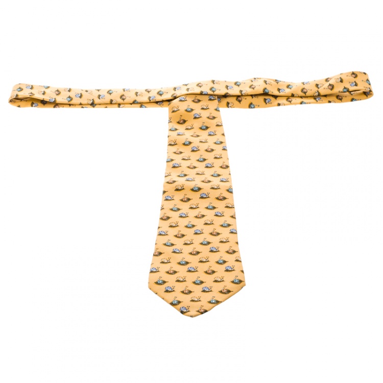 Pre Owned Salvatore Ferragamo Yellow Snail Printed Silk Tie