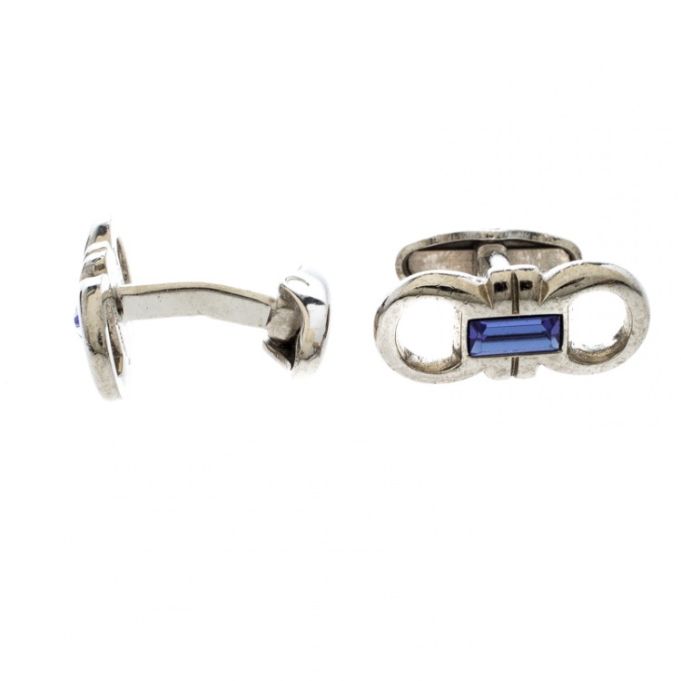 Pre Owned Salvatore Ferragamo Blue Crystal Silver Tone Double Gancio Bar Cufflinks