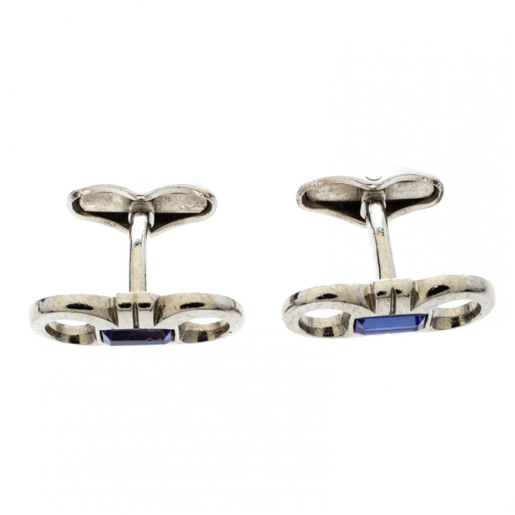 Pre Owned Salvatore Ferragamo Blue Crystal Silver Tone Double Gancio Bar Cufflinks
