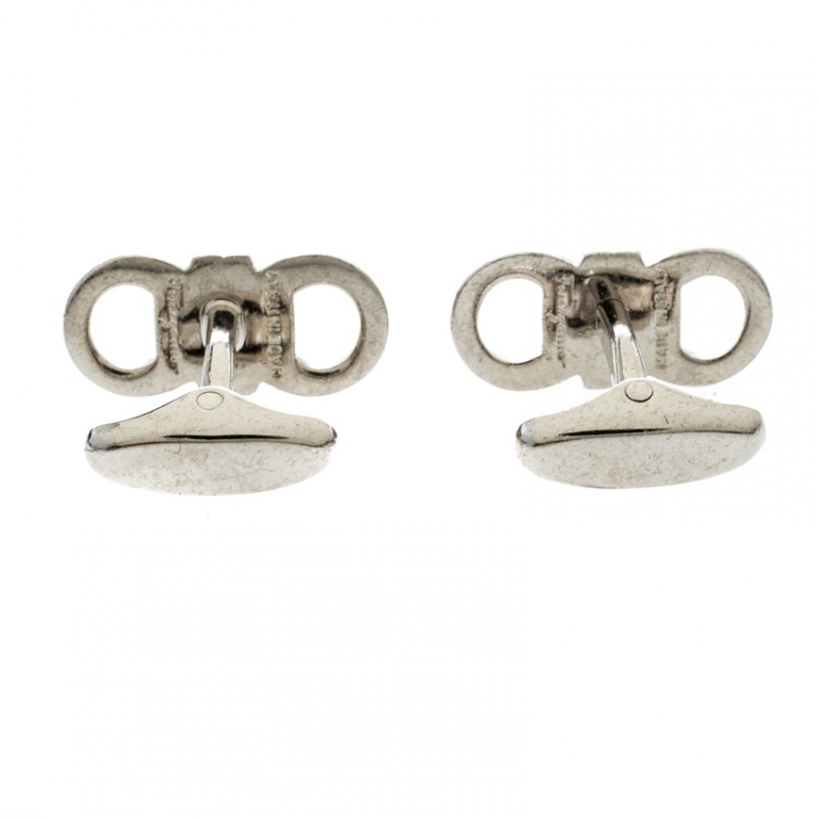 Pre Owned Salvatore Ferragamo Blue Crystal Silver Tone Double Gancio Bar Cufflinks