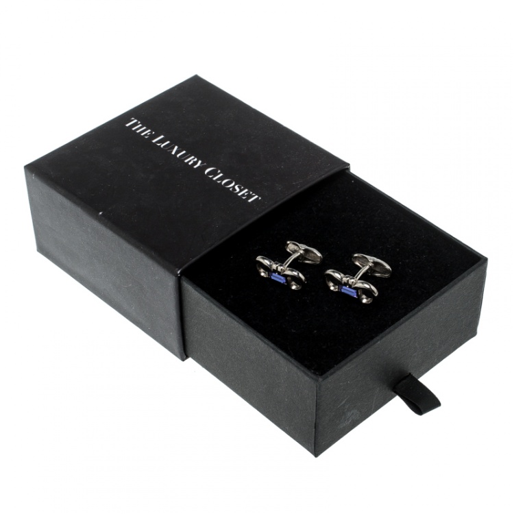 Pre Owned Salvatore Ferragamo Blue Crystal Silver Tone Double Gancio Bar Cufflinks