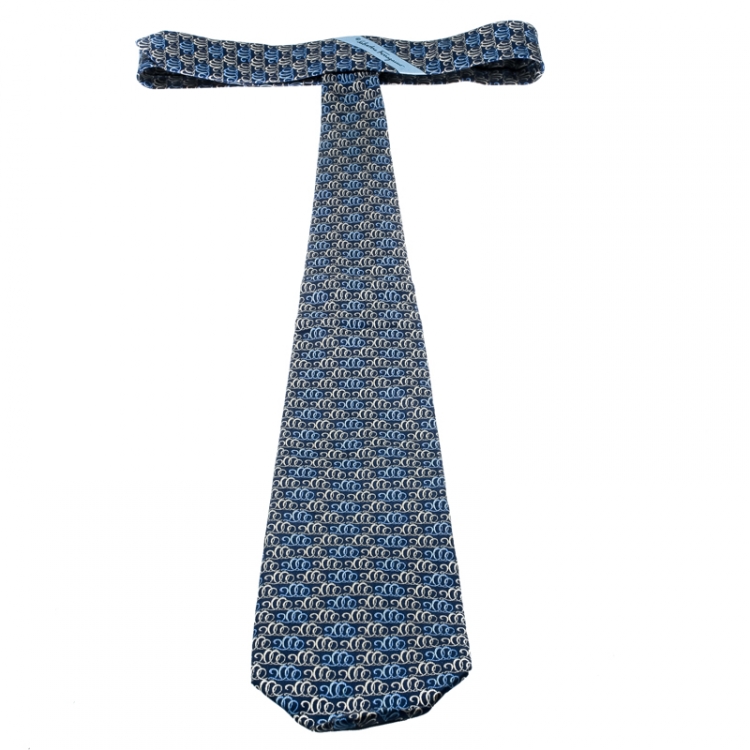 Pre Owned Salvatore Ferragamo Blue 2000 Print Traditional Silk Tie