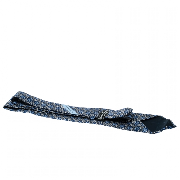 Pre Owned Salvatore Ferragamo Blue 2000 Print Traditional Silk Tie