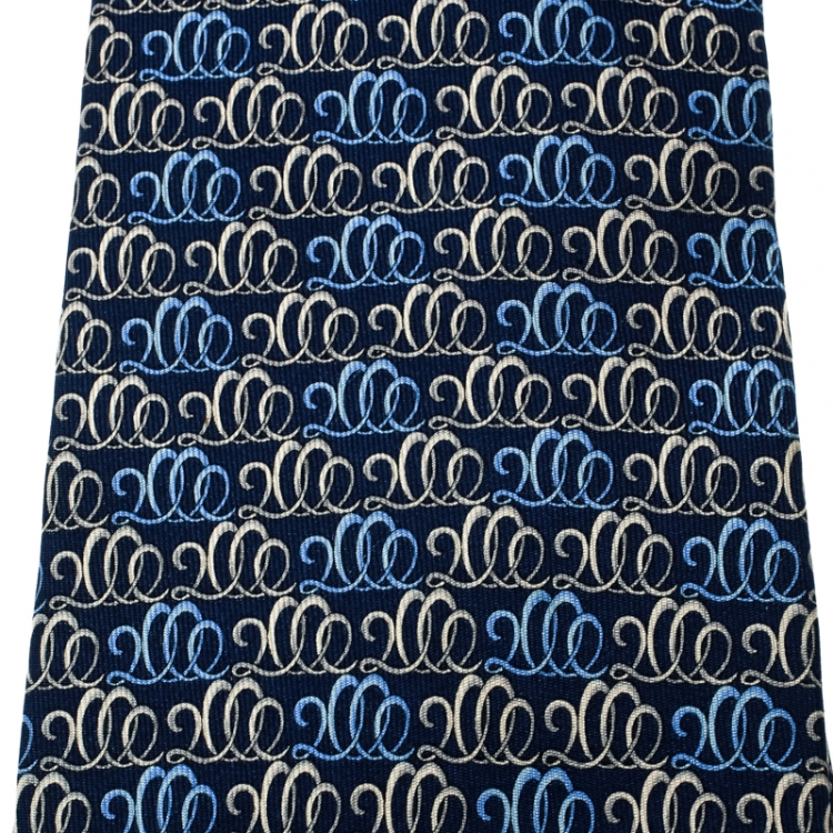Pre Owned Salvatore Ferragamo Blue 2000 Print Traditional Silk Tie