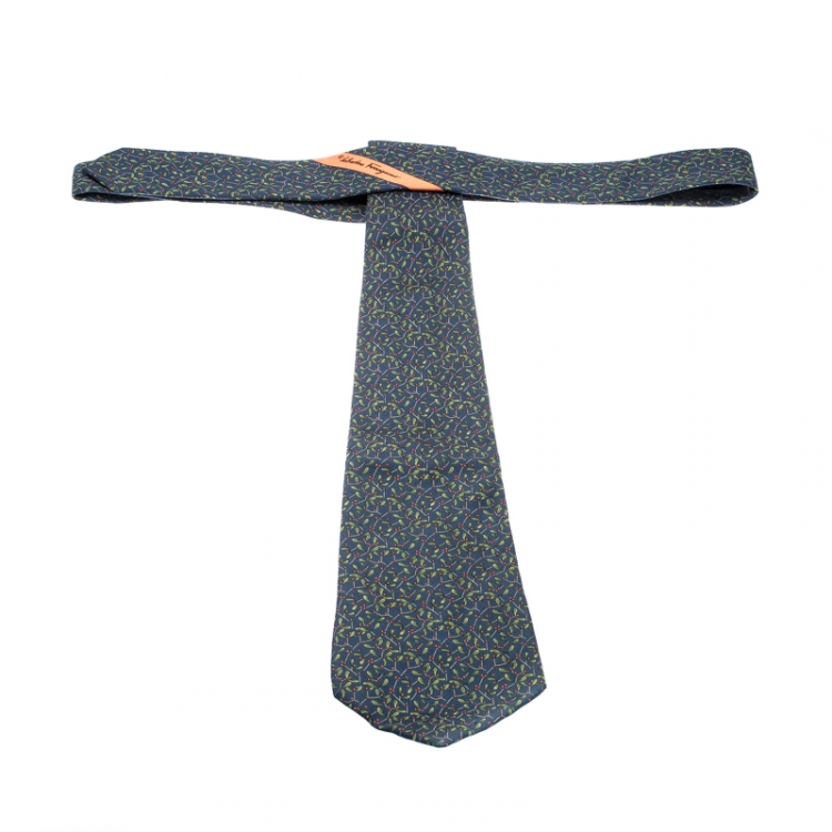 Pre Owned Salvatore Ferragamo Blue and Green Leaf Print Silk Tie