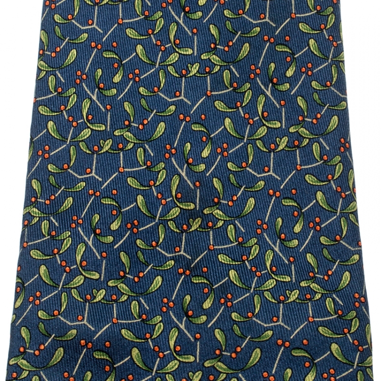 Pre Owned Salvatore Ferragamo Blue and Green Leaf Print Silk Tie