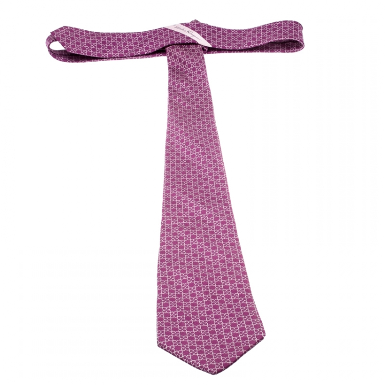 Pre Owned Salvatore Ferragamo Purple Gancini Clover Print Silk Tie