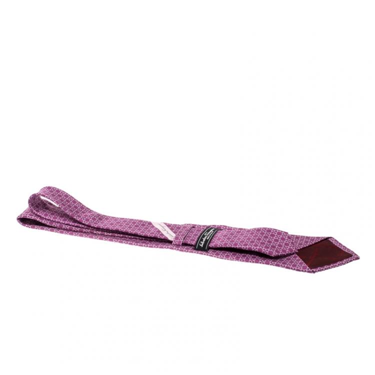 Pre Owned Salvatore Ferragamo Purple Gancini Clover Print Silk Tie