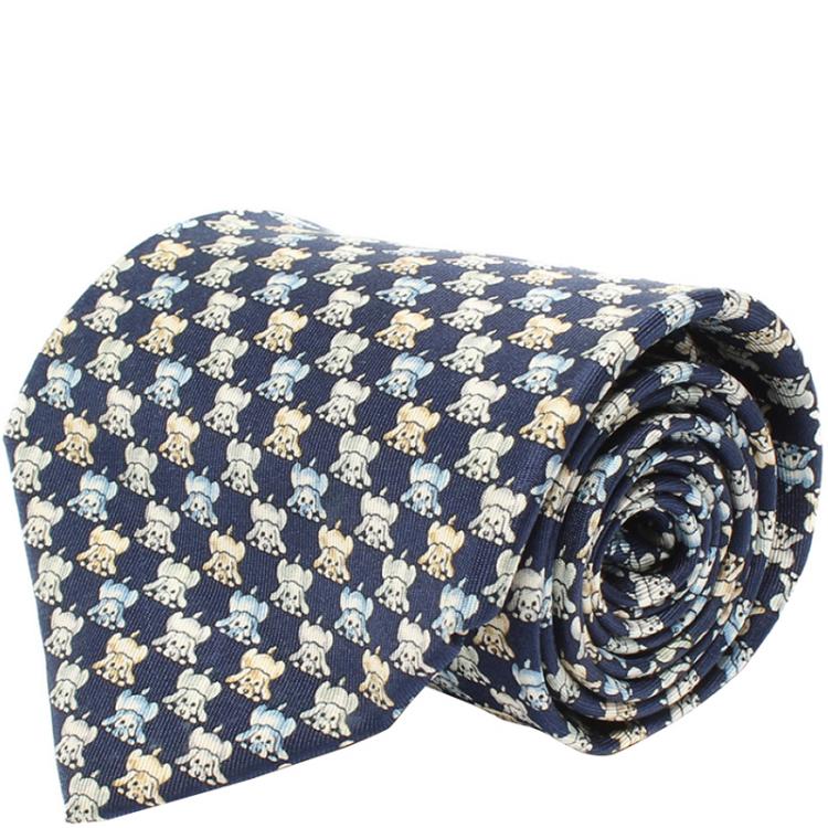 Pre Owned Salvatore Ferragamo Navy Blue Dog Silk Print Tie